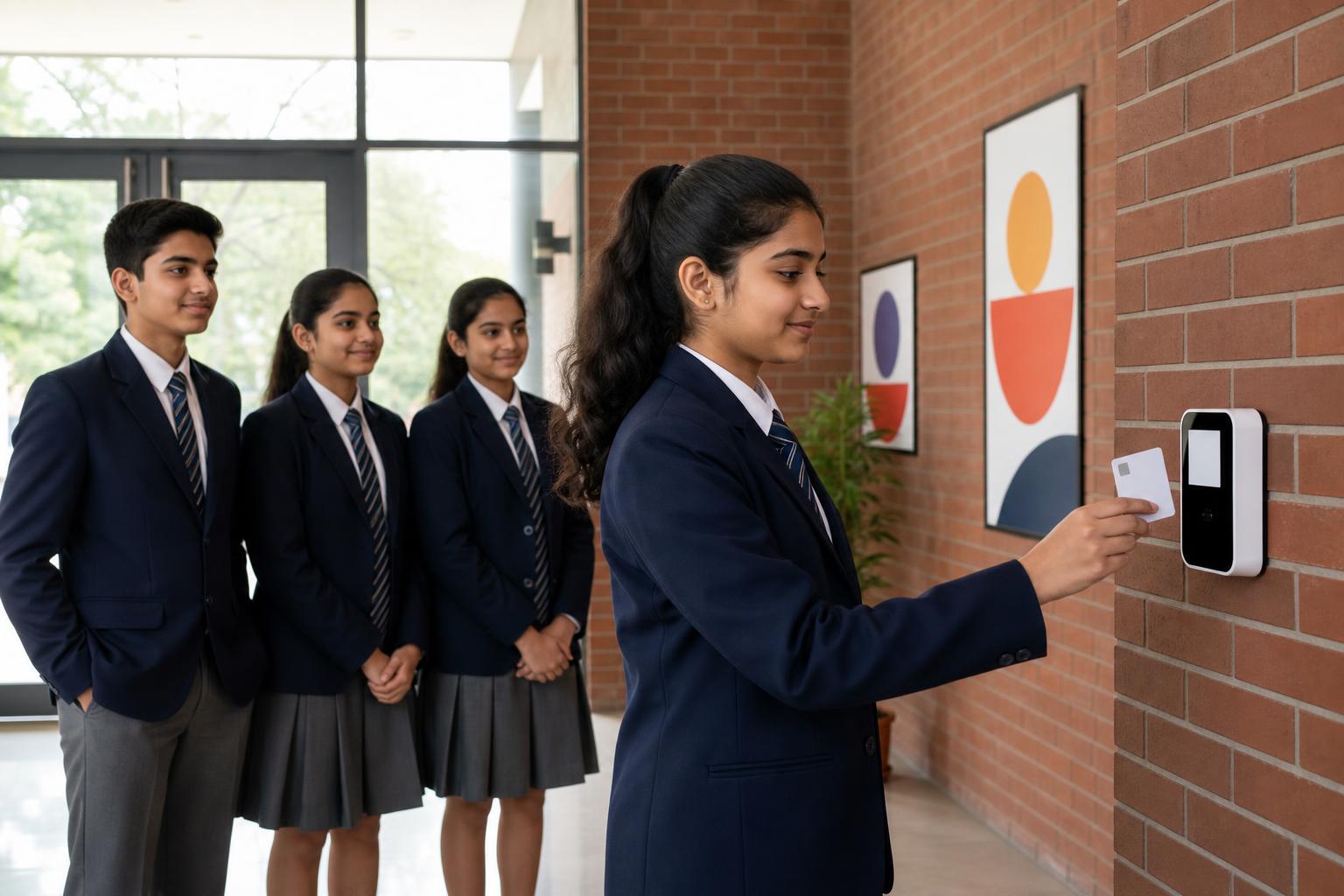 Student tapping an ID card on a school attendance device